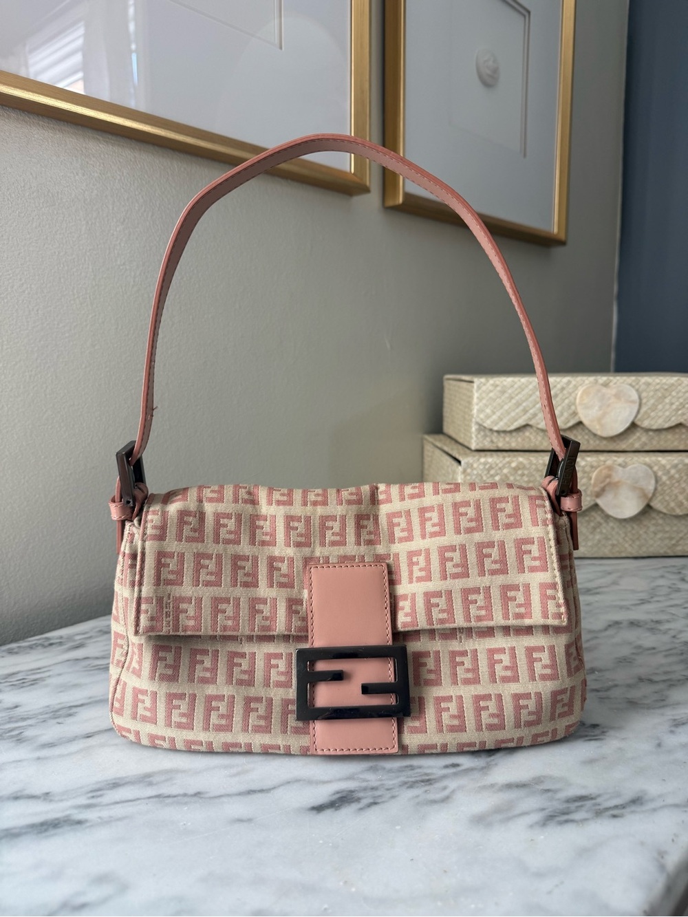 Fendi Pink Zucca Canvas Baguette Shoulder Bag with Leather Trim